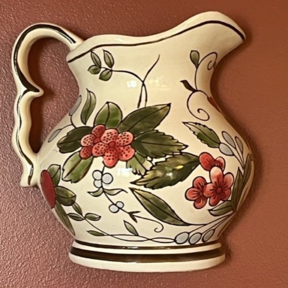 Vintage Wall Pocket flower holder Pitcher jug hand painted ceramic cottagecore